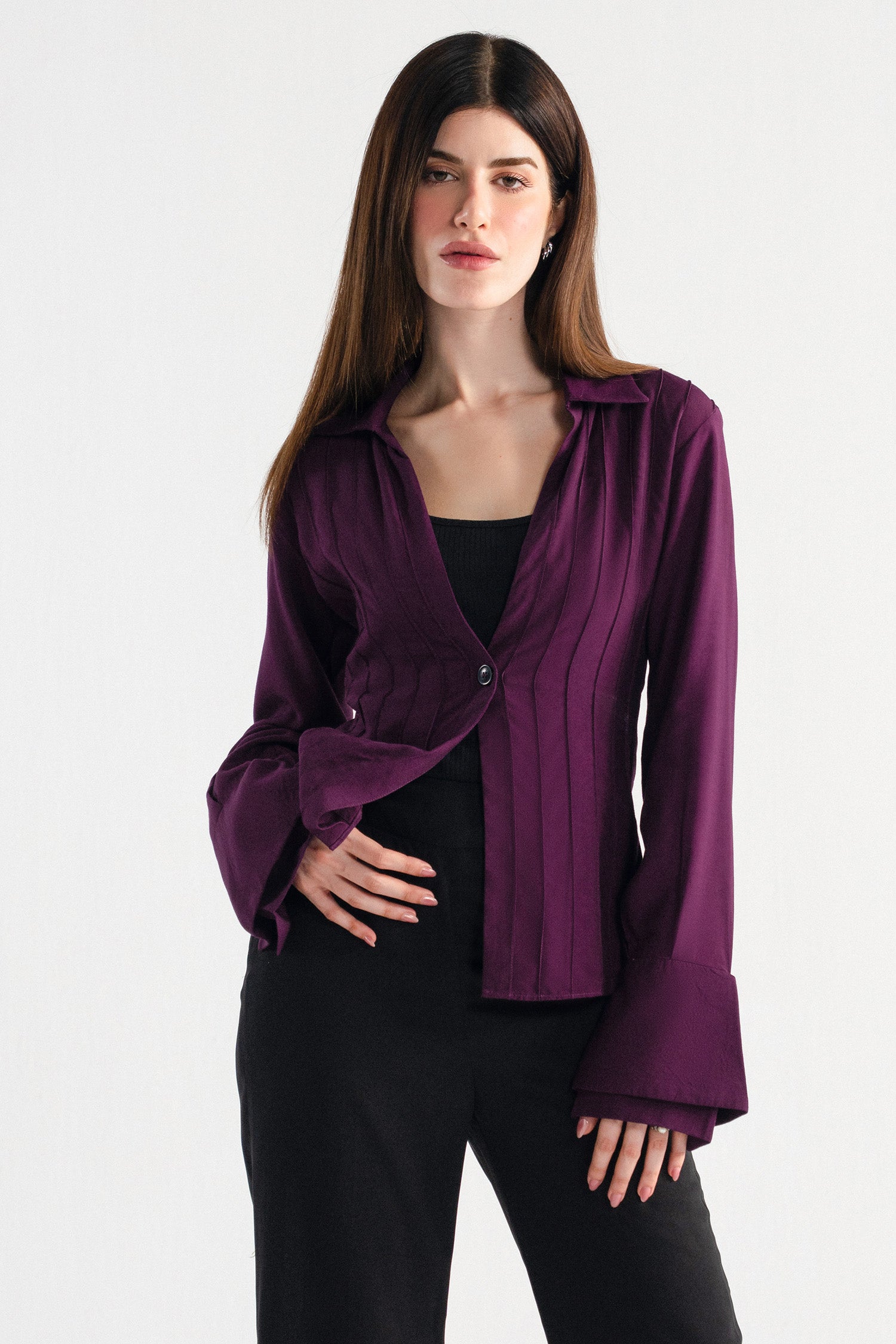 Plum tailored pintuck shirt, worn by a model, by SOLA Pakistan.