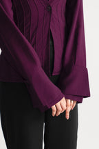 Plum tailored pintuck shirt shown in a styled fit, by SOLA Pakistan.