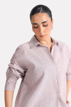 Close-up detail on the red cherry stripe relaxed fit striped shirt, by SOLA Pakistan.