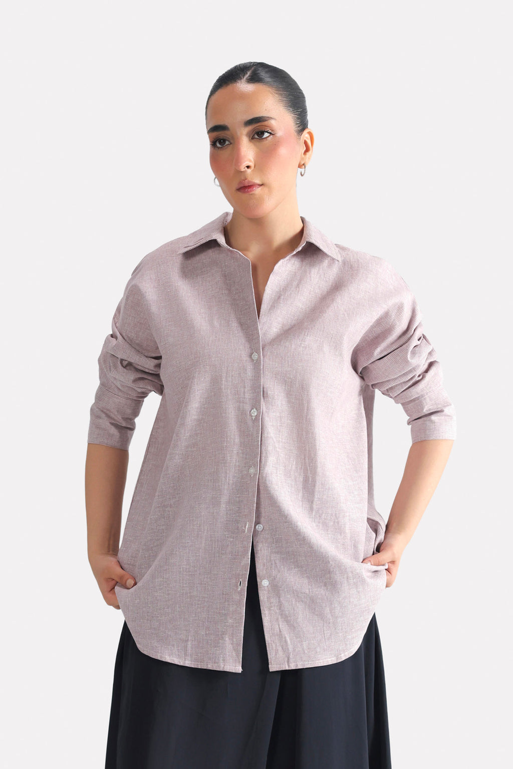 Red cherry stripe relaxed fit striped shirt in cotton-linen blend, worn by a model, by SOLA Pakistan.
