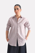 Red cherry stripe relaxed fit striped shirt in cotton-linen blend, worn by a model, by SOLA Pakistan.
