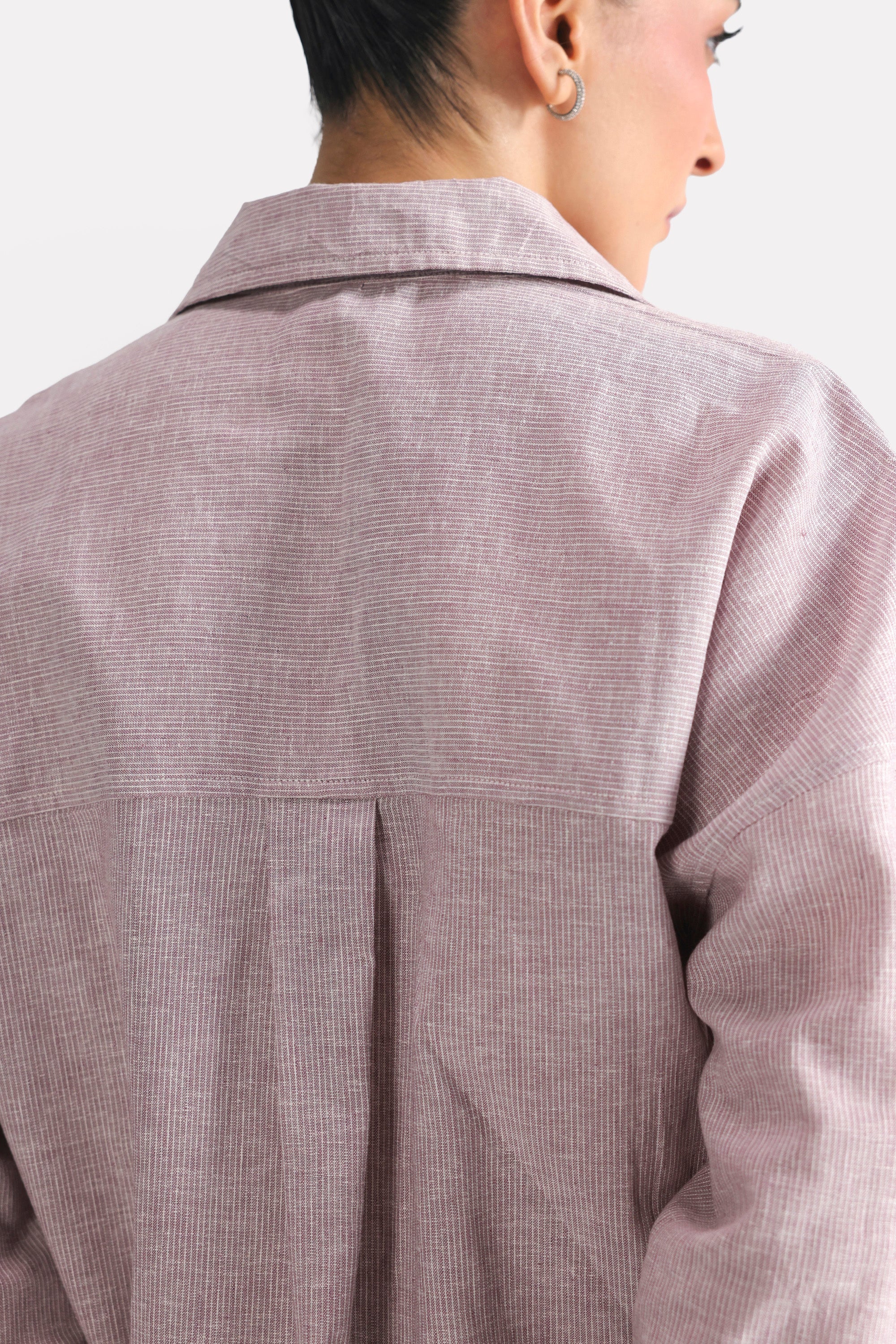 Texture and fabric detail, red cherry stripe relaxed fit striped shirt, by SOLA Pakistan.