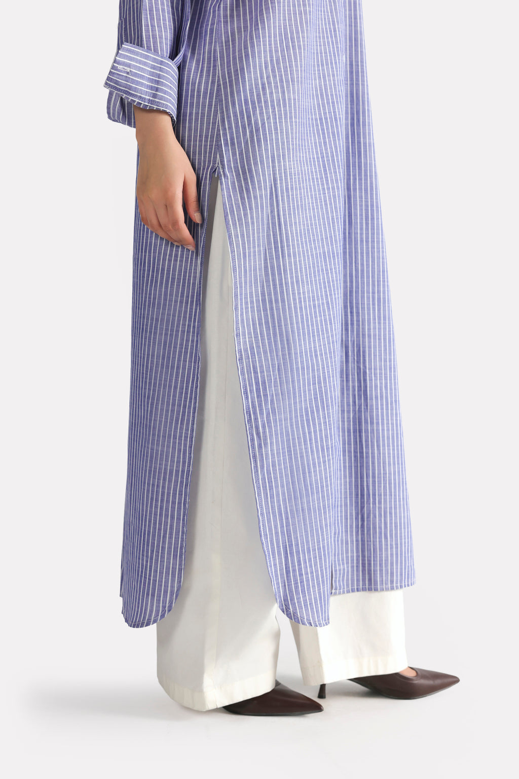 Additional view of the white & blue fit & flare shirt dress, by SOLA Pakistan.