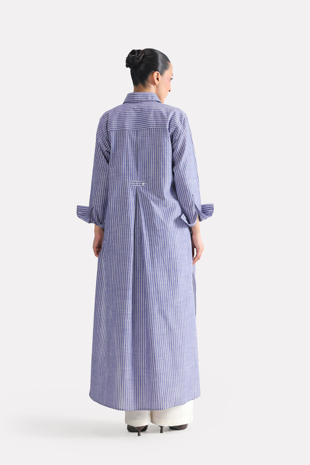 White & blue fit & flare shirt dress, alternate angle, by SOLA Pakistan.