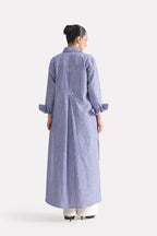 White & blue fit & flare shirt dress, alternate angle, by SOLA Pakistan.