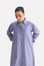 Close-up detail on the white & blue fit & flare shirt dress, by SOLA Pakistan.