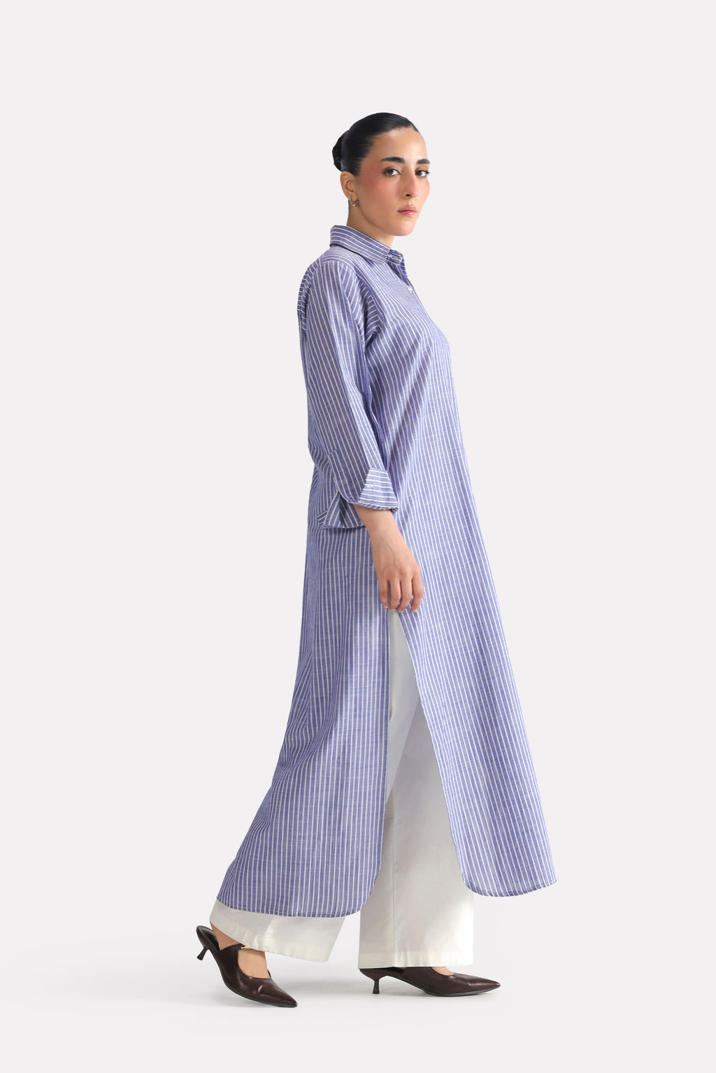 White & blue fit & flare shirt dress, full styled look, by SOLA Pakistan.