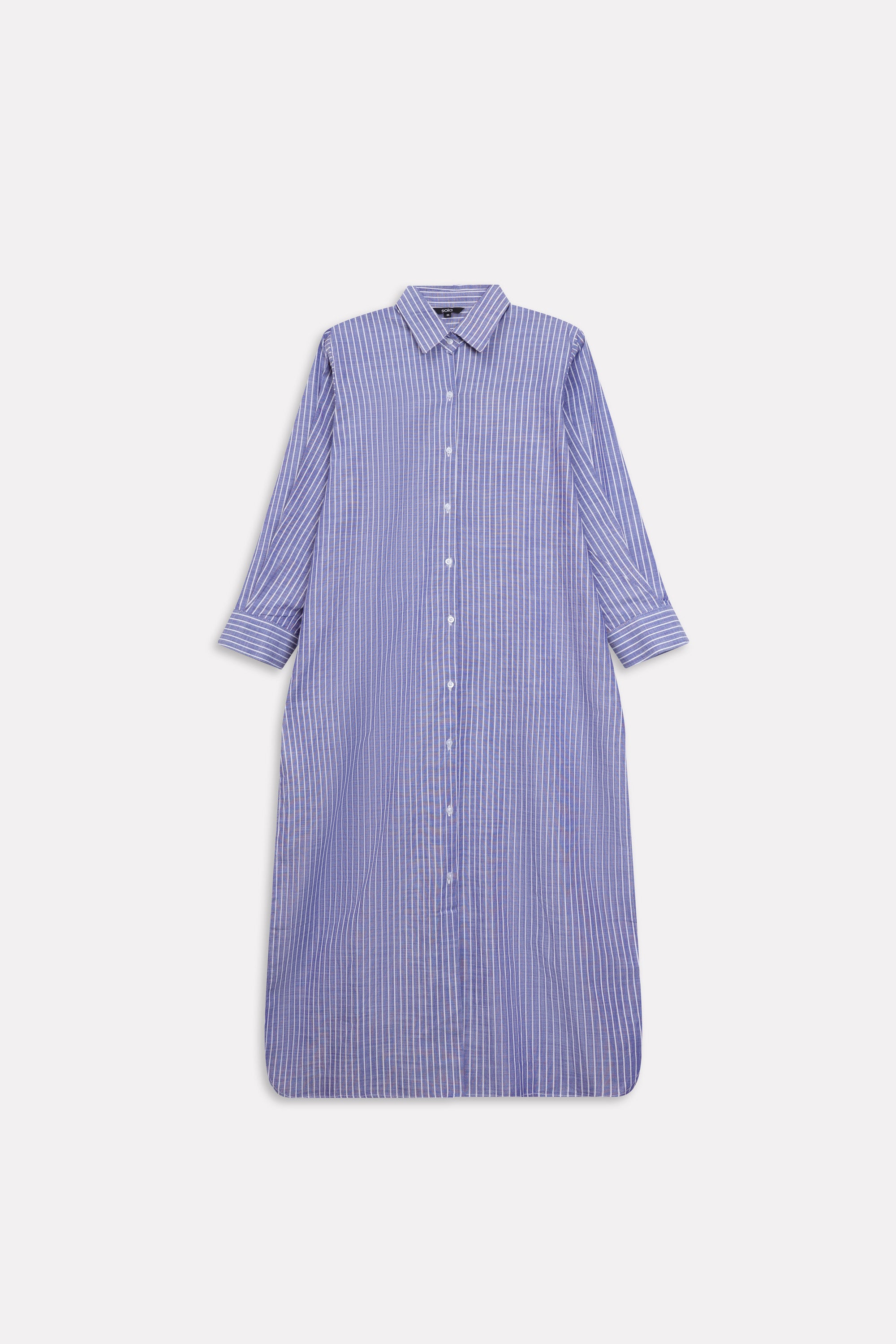 White & blue fit & flare shirt dress shown in a styled fit, by SOLA Pakistan.