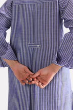 Texture and fabric detail, white & blue fit & flare shirt dress, by SOLA Pakistan.