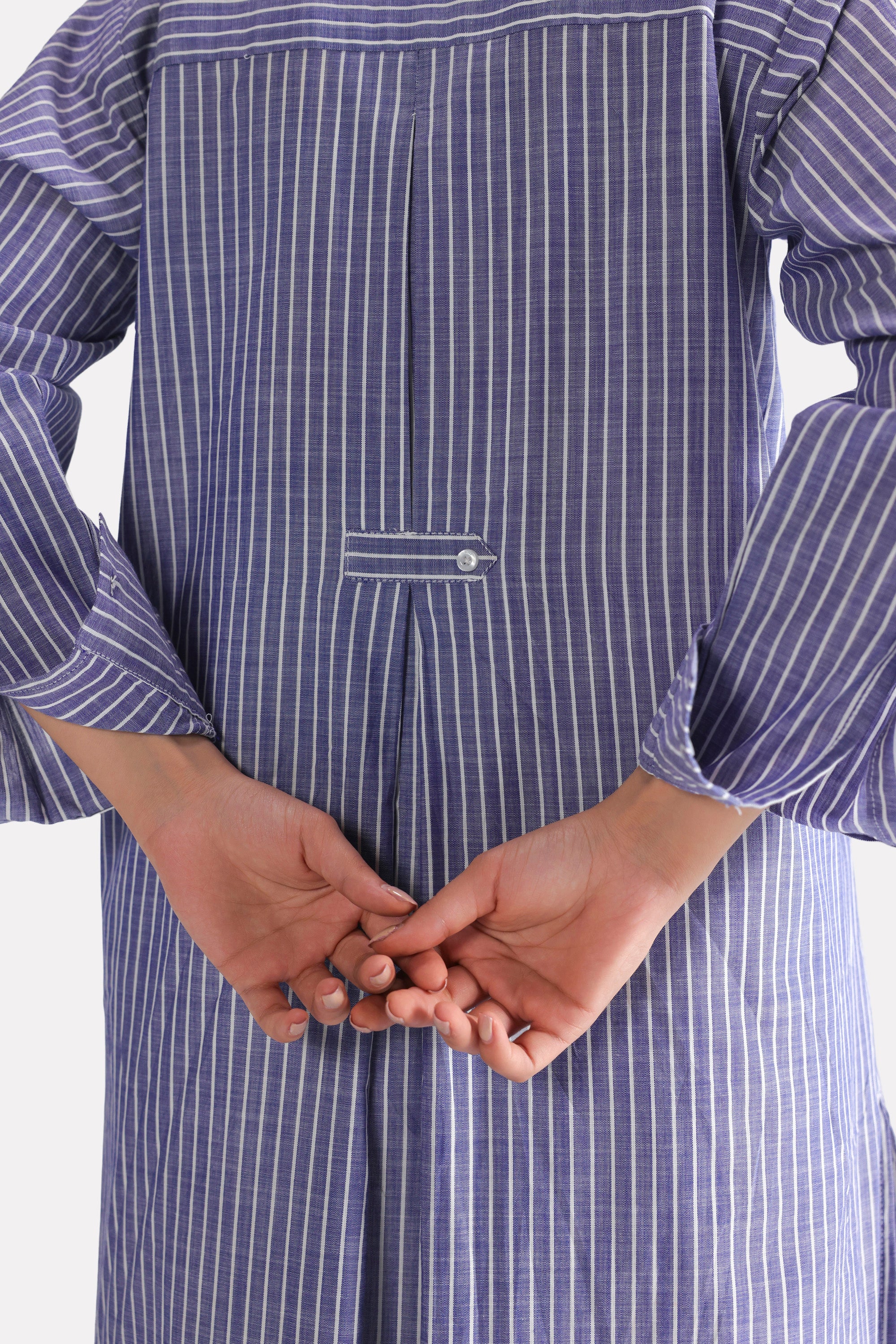 Texture and fabric detail, white & blue fit & flare shirt dress, by SOLA Pakistan.