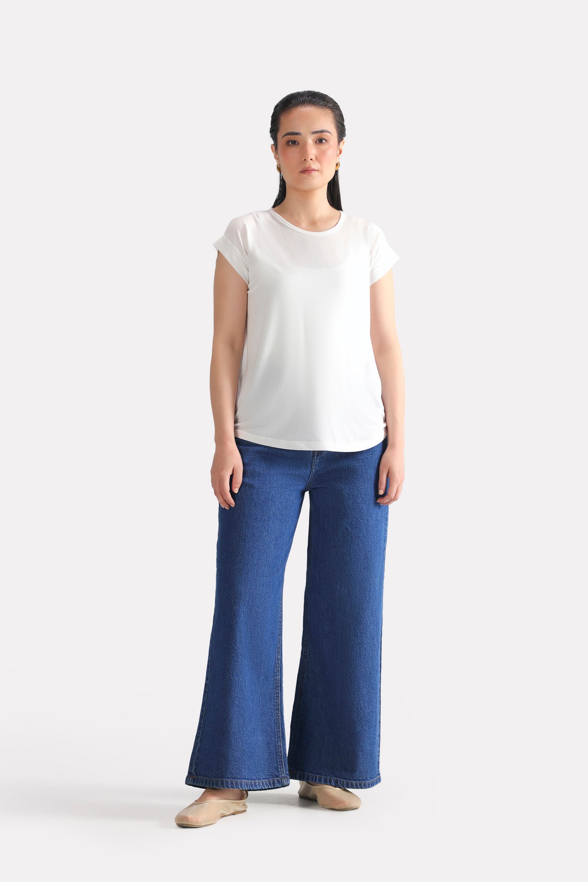 White featherweight modal t-shirt, full styled look, by SOLA Pakistan.