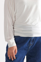 White fluid sleeve t-shirt, alternate angle, by SOLA Pakistan.