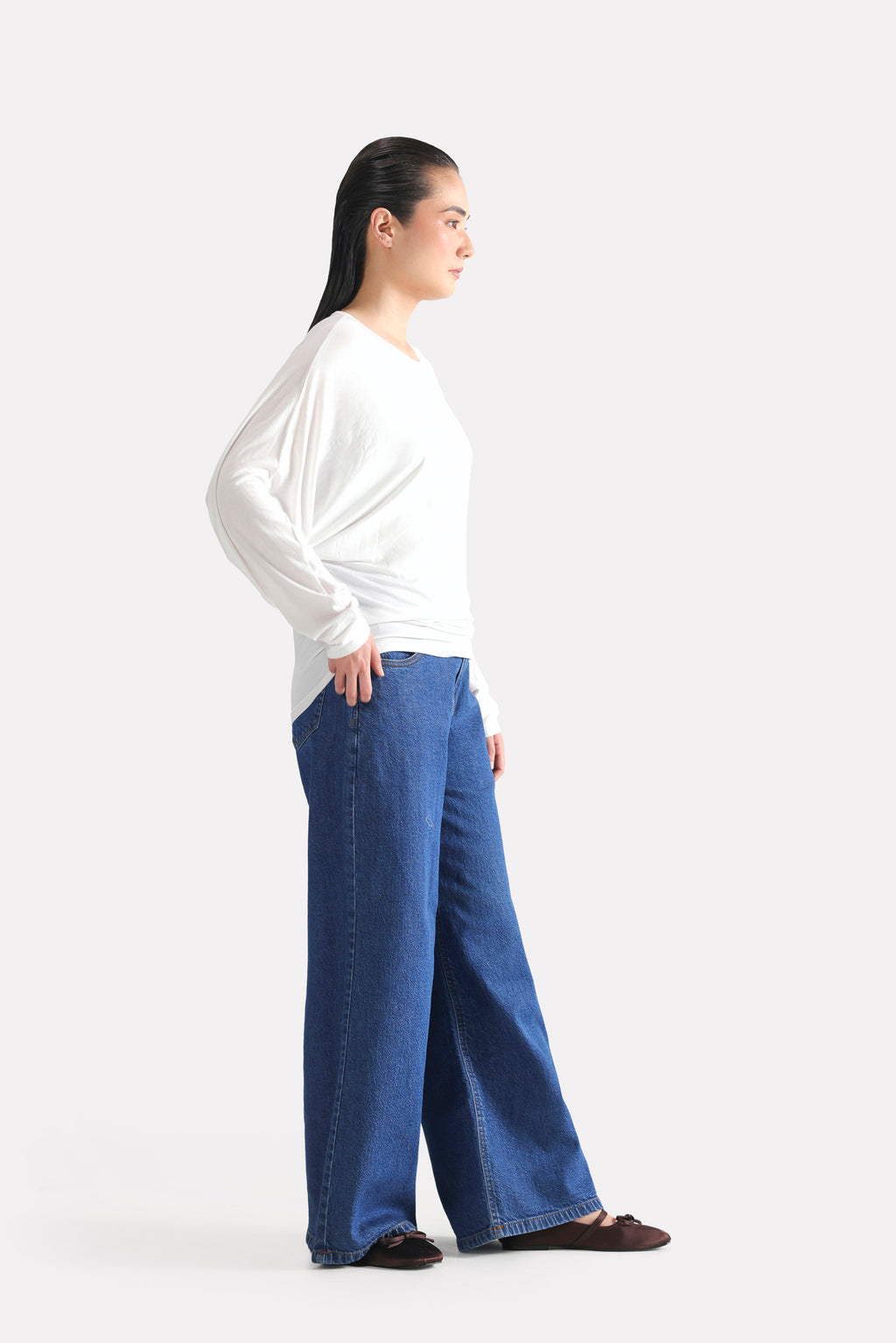 White fluid sleeve t-shirt, full styled look, by SOLA Pakistan.