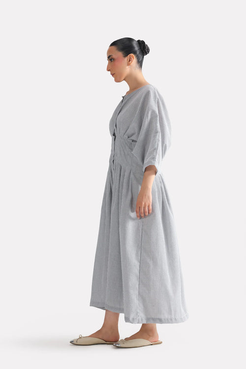 White & grey cinched waist seersucker dress, full styled look, by SOLA Pakistan.