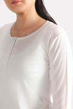 White henley t-shirt shown in a styled fit, by SOLA Pakistan.