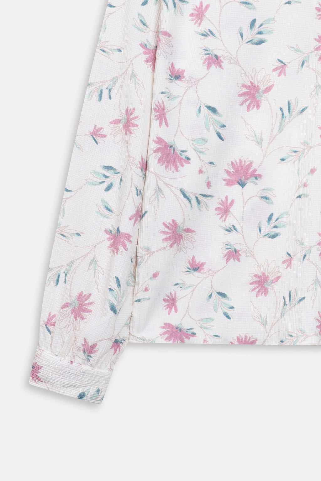 Additional view of the white & pink floral print blossom top, by SOLA Pakistan.