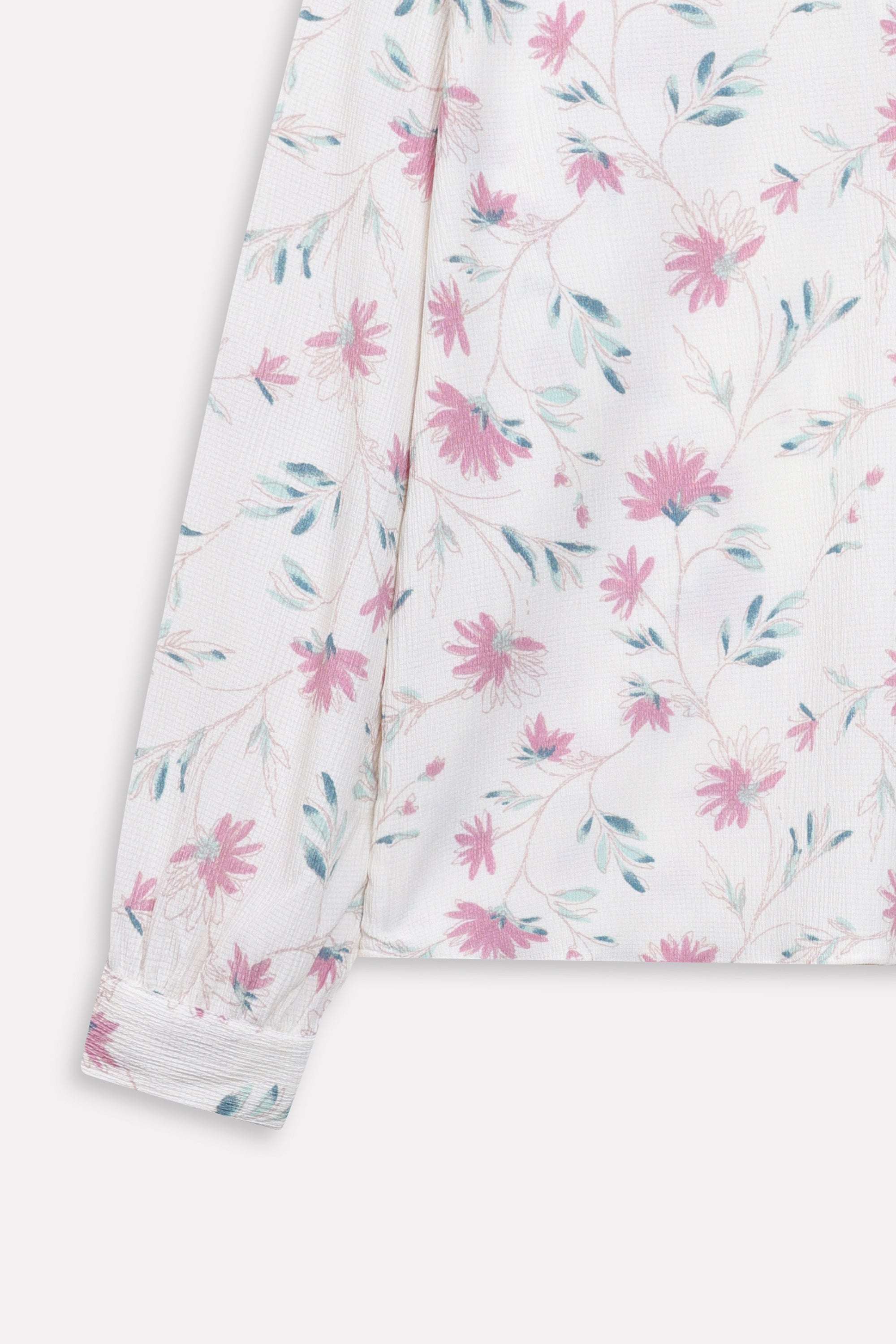 Additional view of the white & pink floral print blossom top, by SOLA Pakistan.