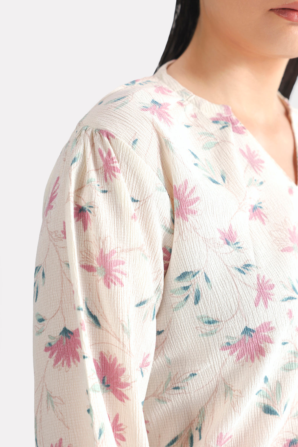 White & pink floral print blossom top, alternate angle, by SOLA Pakistan.