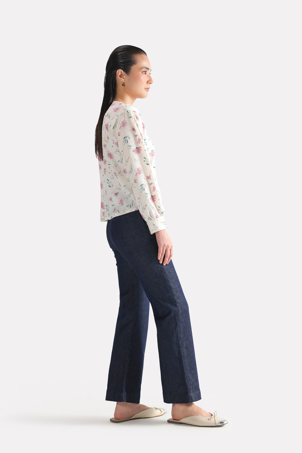 Close-up detail on the white & pink floral print blossom top, by SOLA Pakistan.