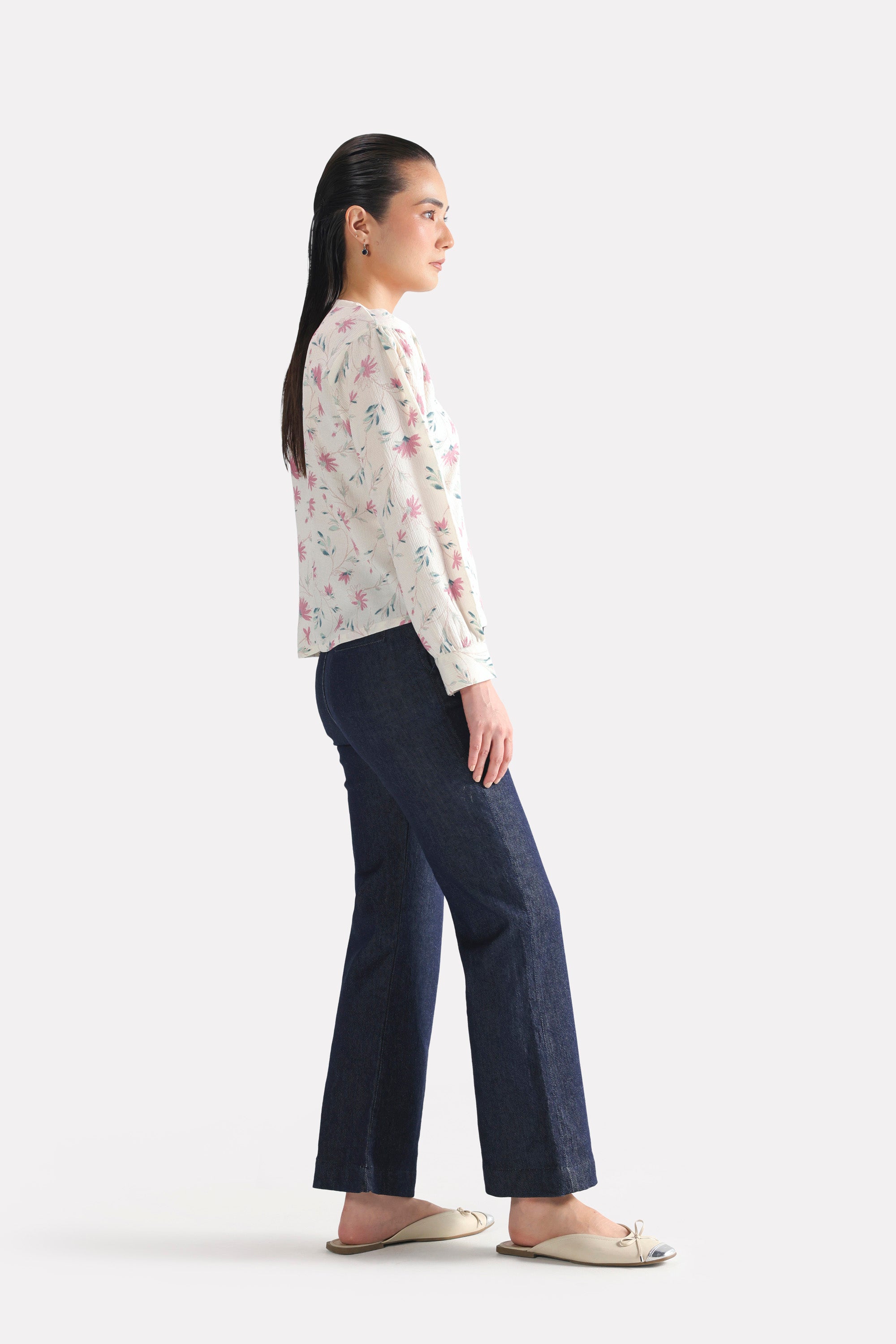 Close-up detail on the white & pink floral print blossom top, by SOLA Pakistan.