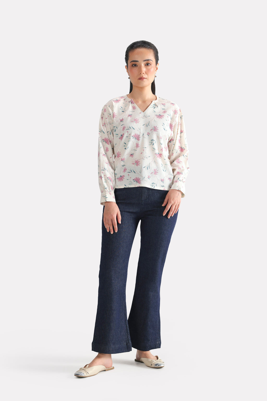 White & pink floral print blossom top, full styled look, by SOLA Pakistan.