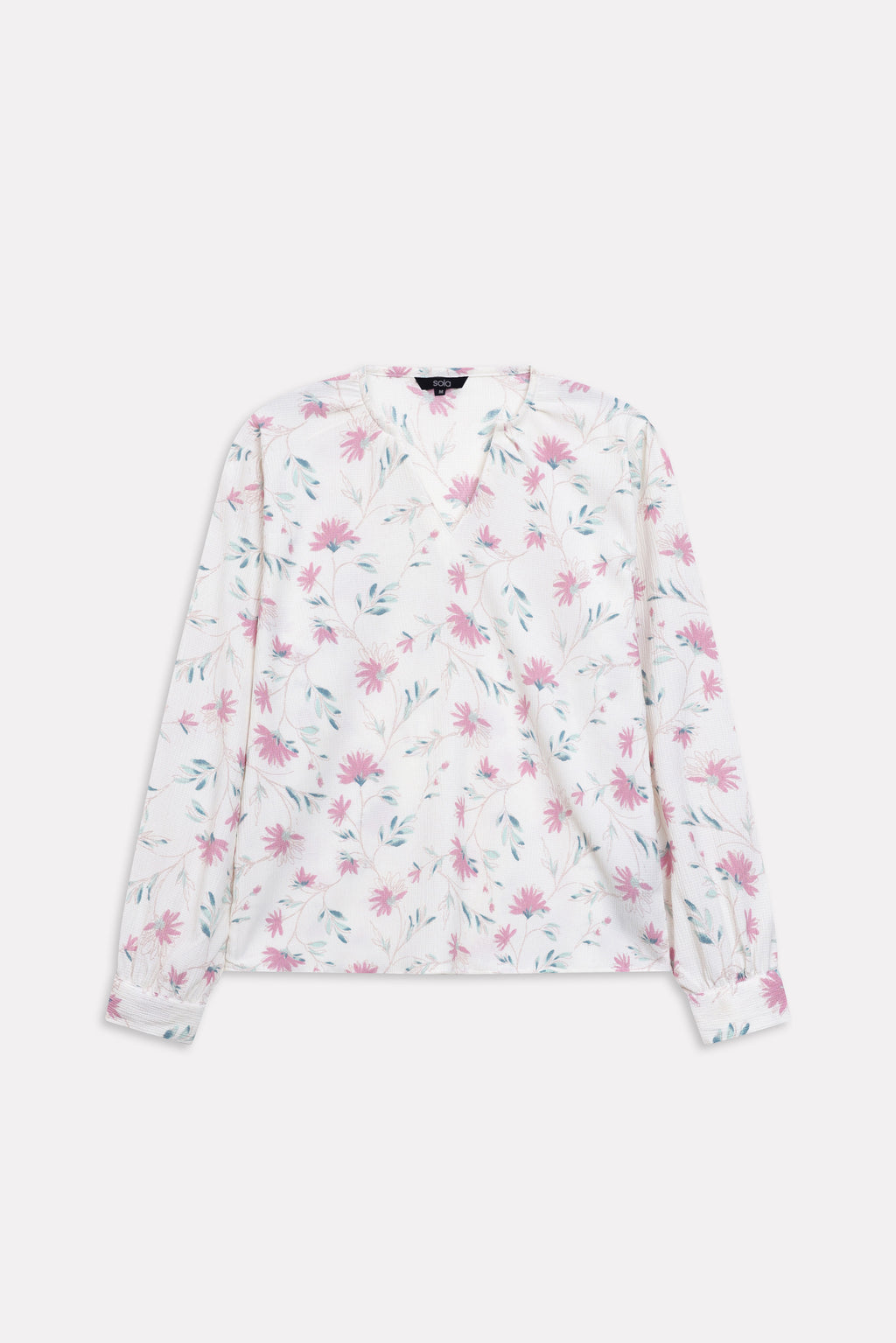 White & pink floral print blossom top shown in a styled fit, by SOLA Pakistan.
