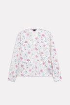 White & pink floral print blossom top shown in a styled fit, by SOLA Pakistan.
