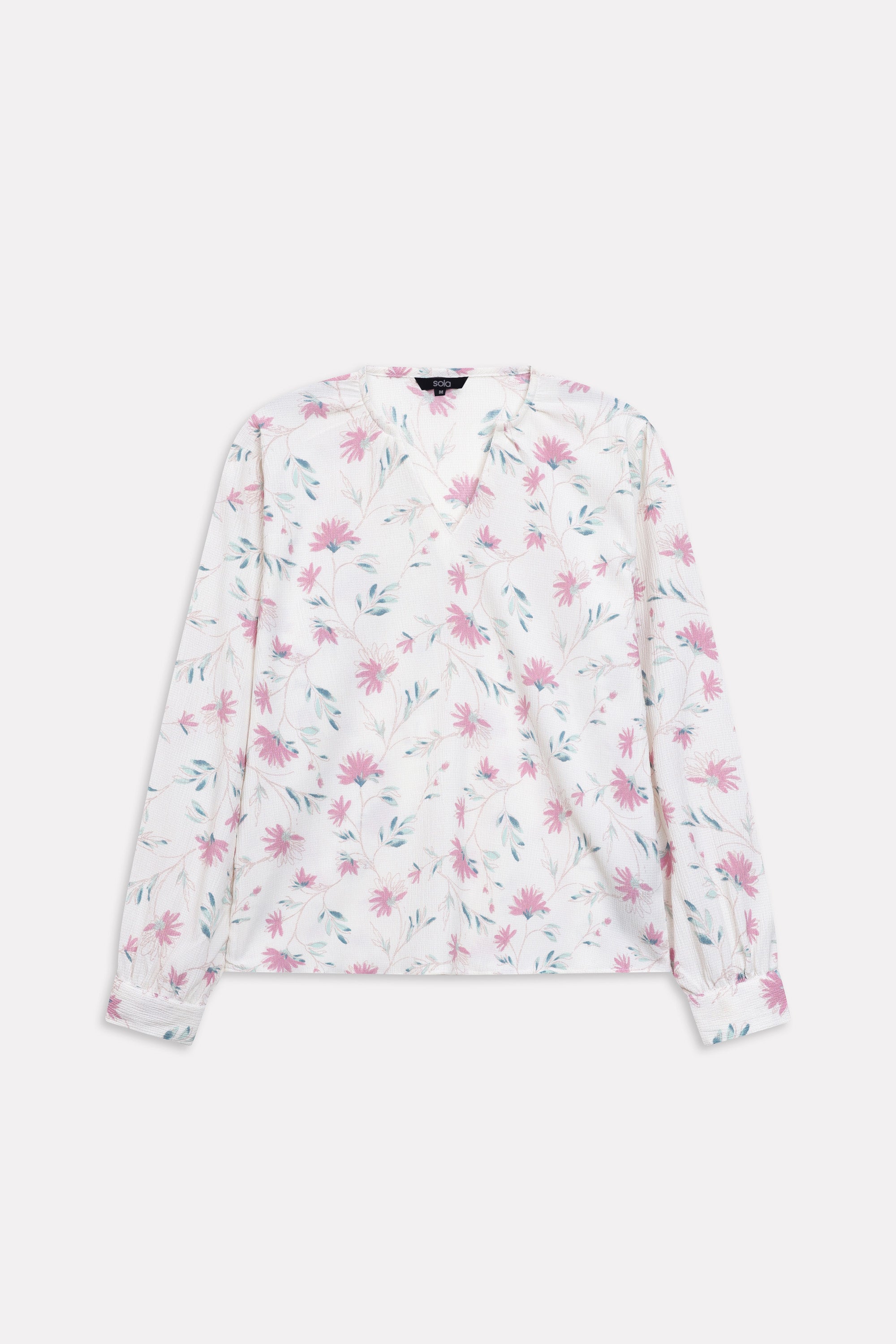 White & pink floral print blossom top shown in a styled fit, by SOLA Pakistan.