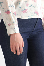Texture and fabric detail, white & pink floral print blossom top, by SOLA Pakistan.