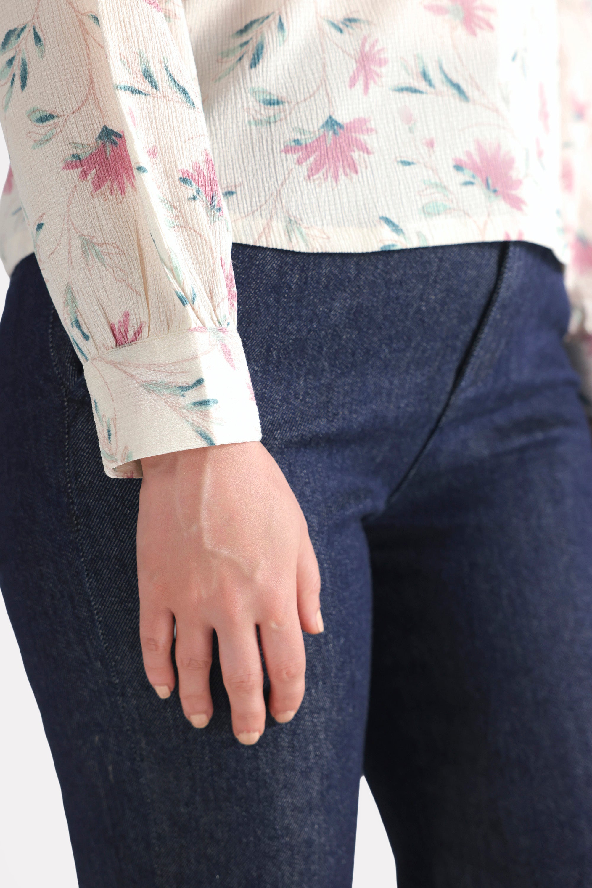 Texture and fabric detail, white & pink floral print blossom top, by SOLA Pakistan.