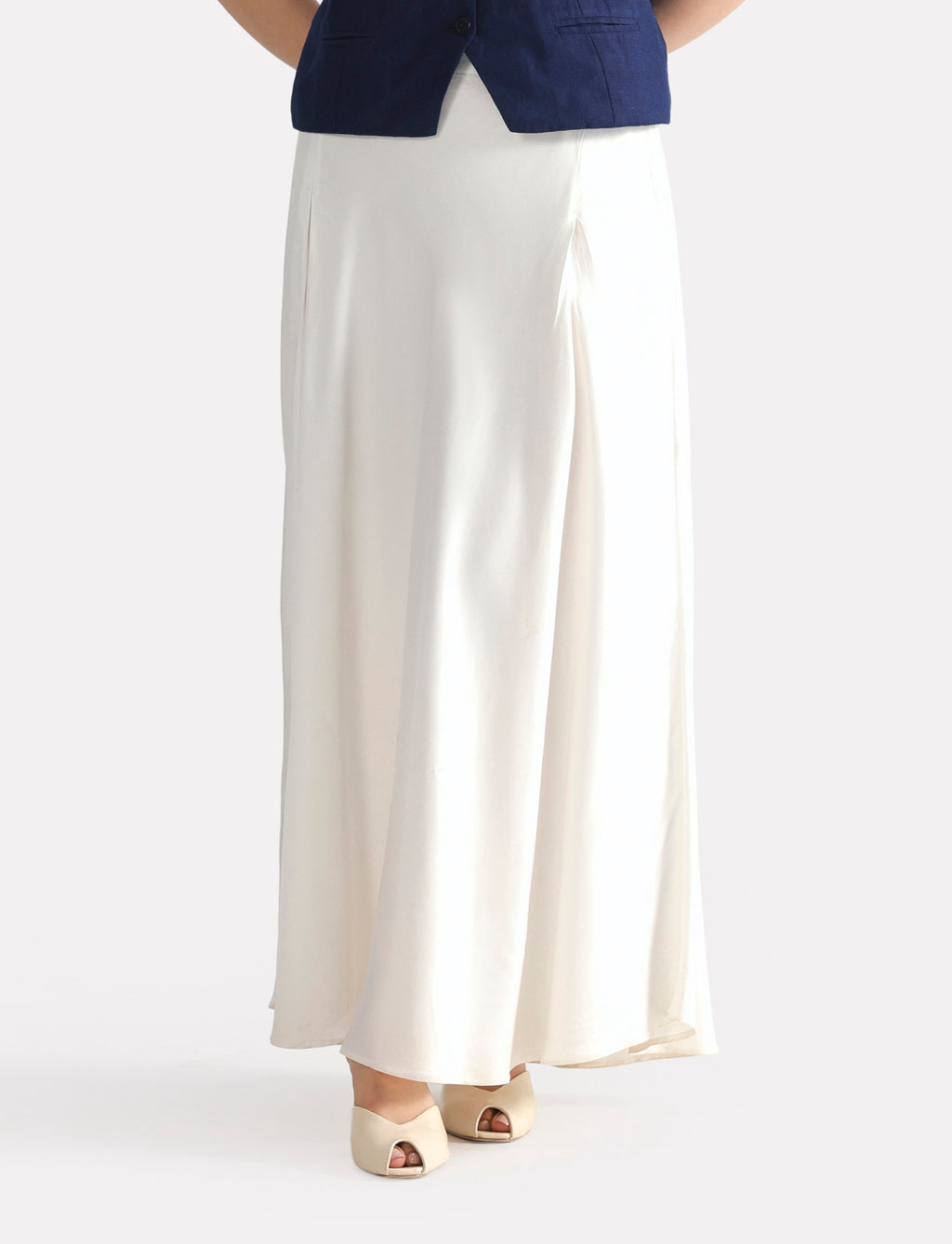 White satin silk skirt, full styled look, by SOLA Pakistan.