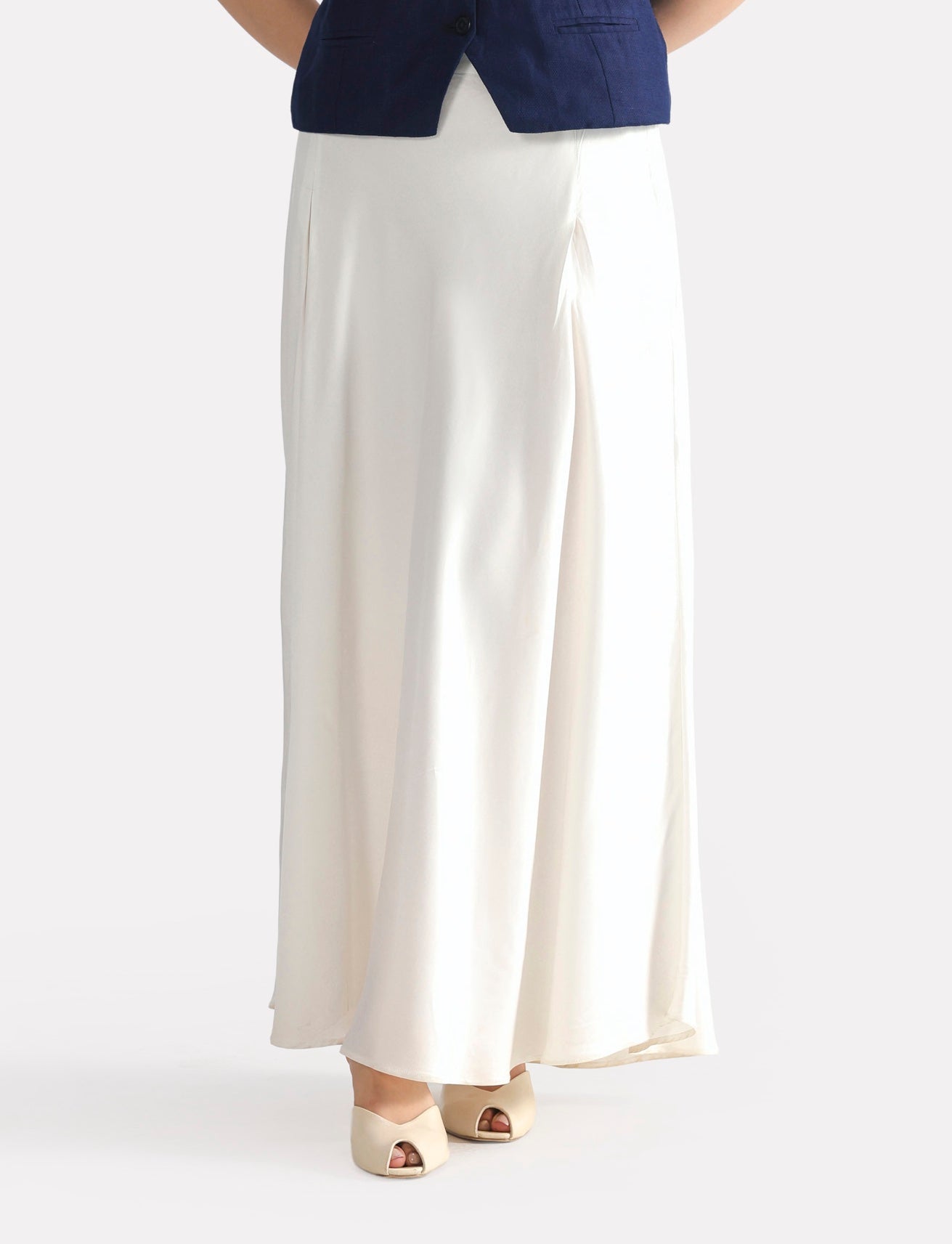 White satin silk skirt, full styled look, by SOLA Pakistan.